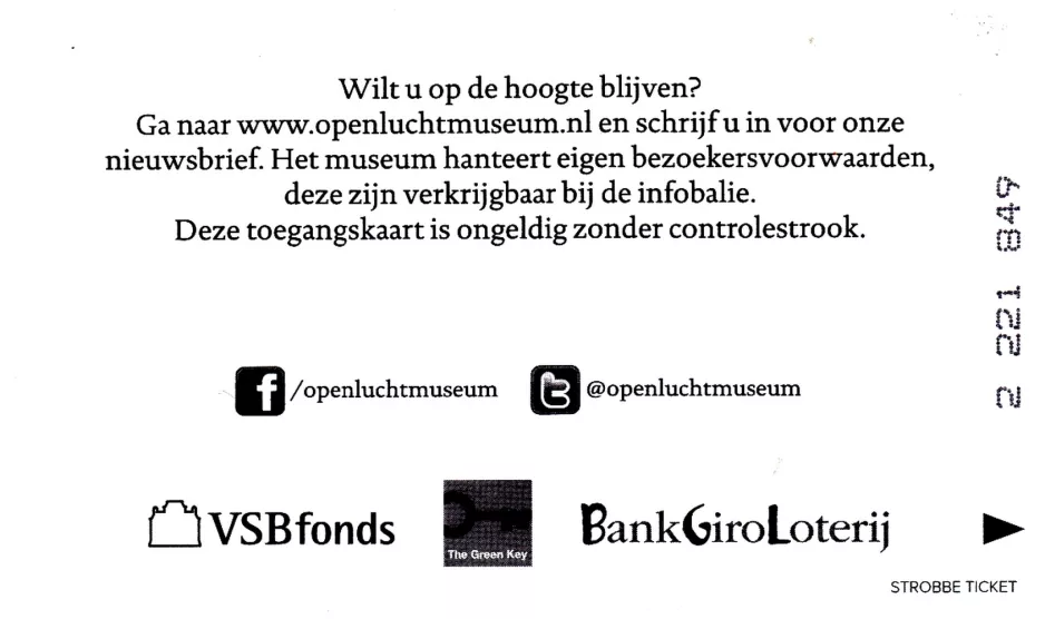 Indgangsbillet til Nederlands Frilandsmuseum, bagsiden (2014)