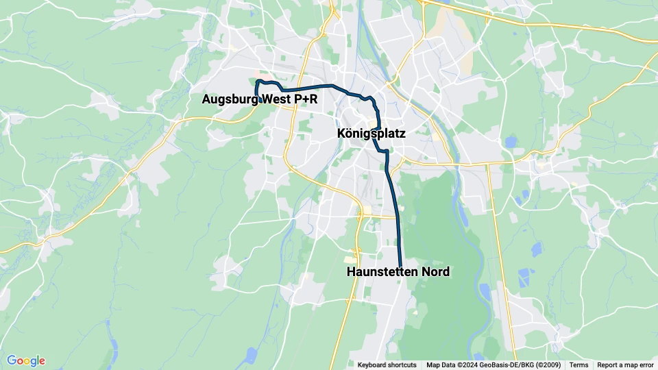 Augsburg sporvognslinje 2: Haunstetten Nord - Augsburg West P+R linjekort