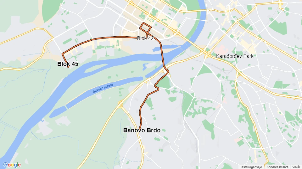 Beograd sporvognslinje 13: Blok 45 - Banovo Brdo linjekort