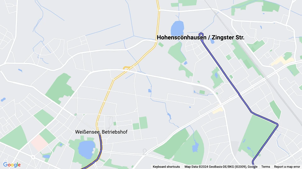 Berlin sporvognslinje 74: Hohenscönhausen / Zingster Str. - Weißensee, Betriebshof linjekort