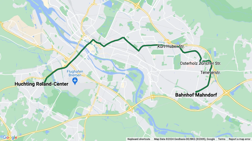 Bremen sporvognslinje 1: Huchting Roland-Center - Bahnhof Mahndorf linjekort