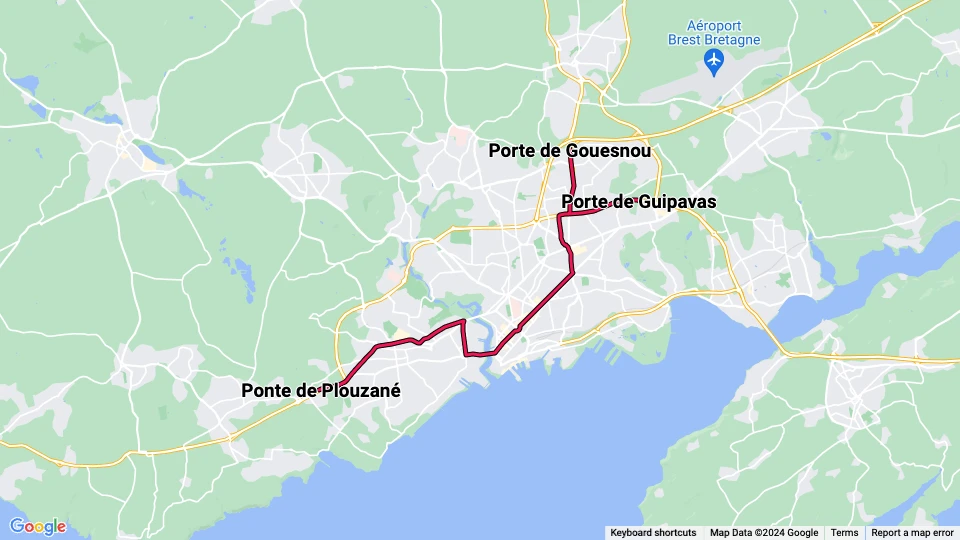 Brest sporvognslinje A linjekort