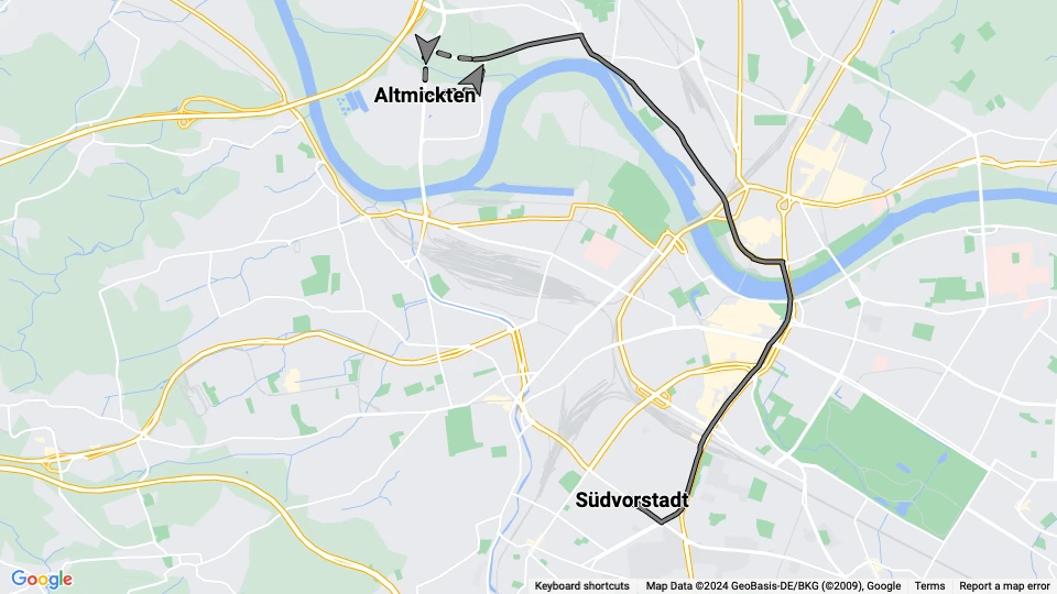 Dresden sporvognslinje 5: Südvorstadt - Altmickten linjekort