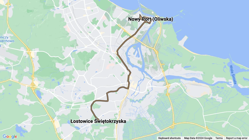 Gdańsk ekstralinje 7: Łostowice Świętokrzyska - Nowy Port (Oliwska) linjekort