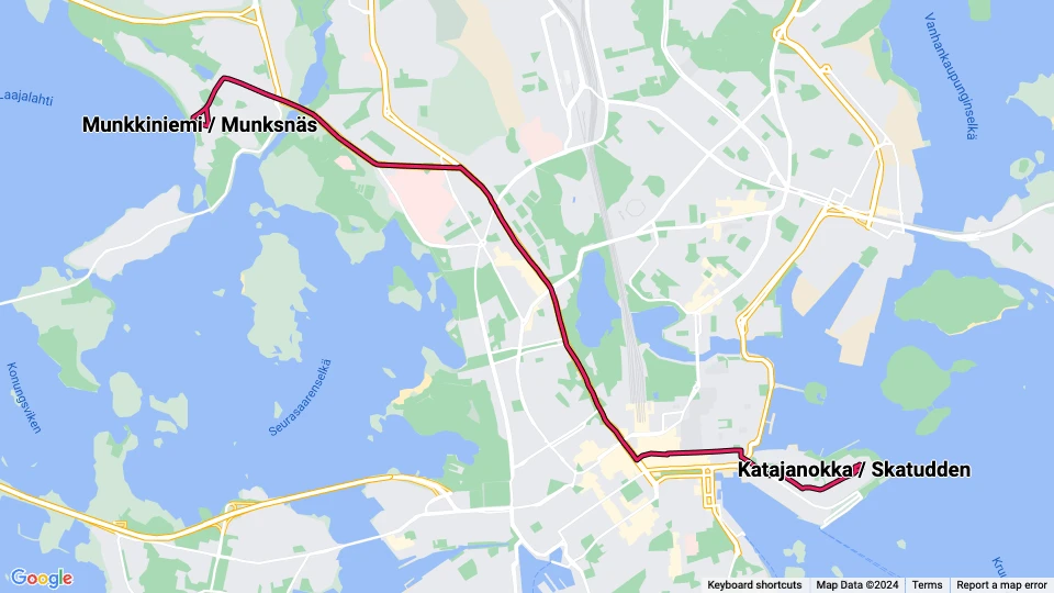 Helsingfors sporvognslinje 4: Katajanokka / Skatudden - Munkkiniemi / Munksnäs linjekort