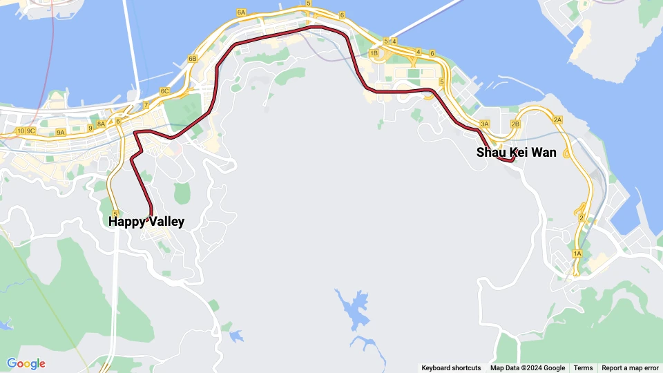 Hongkong sporvognslinje 2: Shau Kei Wan - Happy Valley linjekort