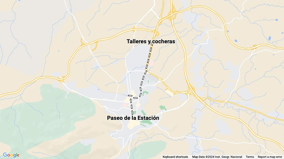 Jaén sporvognslinje 1: Paseo de la Estación - Talleres y cocheras linjekort