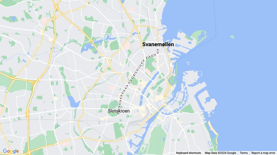 København natlinje A: Svanemøllen - Slotskroen linjekort