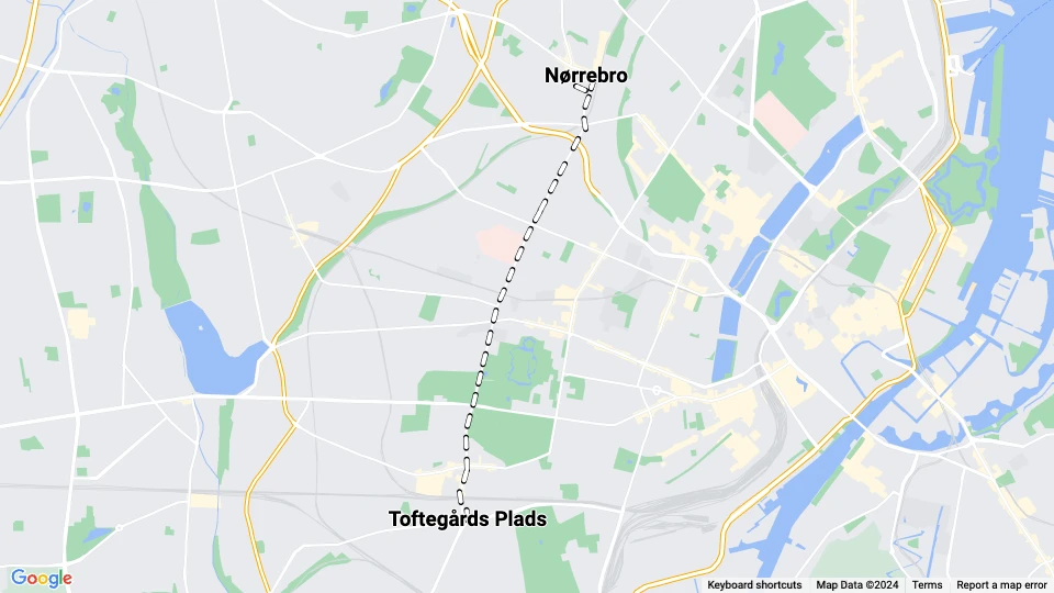 København sporvognslinje 20: Toftegårds Plads - Nørrebro linjekort
