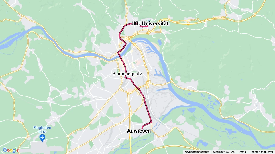 Linz sporvognslinje 1: JKU Universität - Auwiesen linjekort