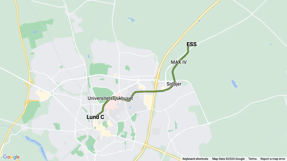 Lund sporvognslinje 1: ESS - Lund C linjekort