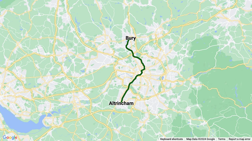 Manchester ekstralinje 1: Altrincham - Bury linjekort