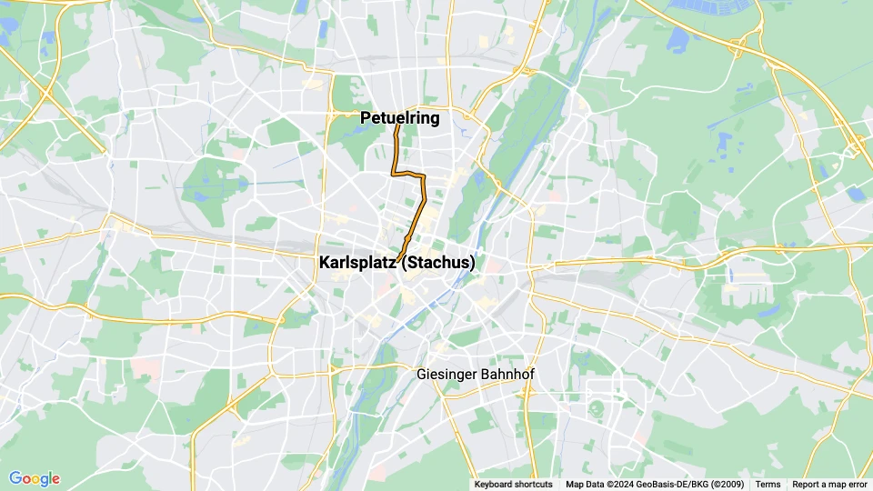 München sporvognslinje 27: Karlsplatz (Stachus) - Petuelring linjekort