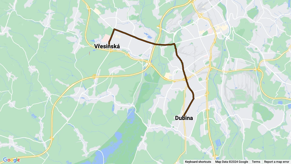 Ostrava sporvognslinje 17: Dubina - Vřesinská linjekort