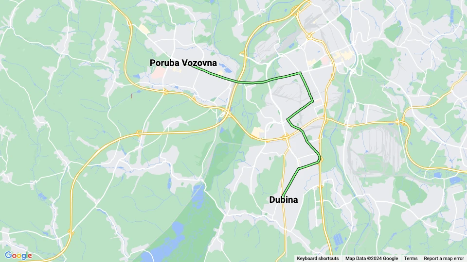 Ostrava sporvognslinje 3: Dubina - Poruba Vozovna linjekort