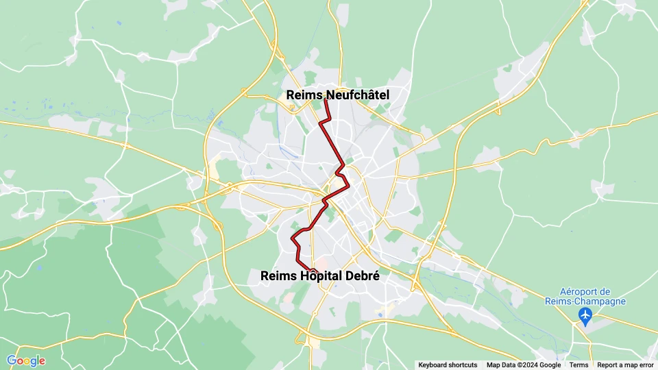 Reims sporvognslinje A: Reims Neufchâtel - Reims Hôpital Debré linjekort