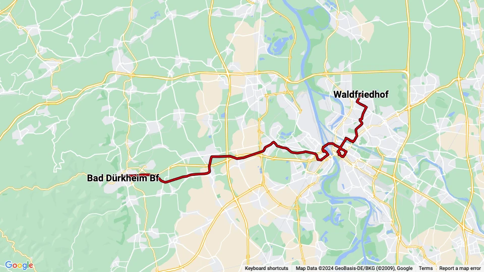 Rhein-Haardtbahn (RHB) linjekort