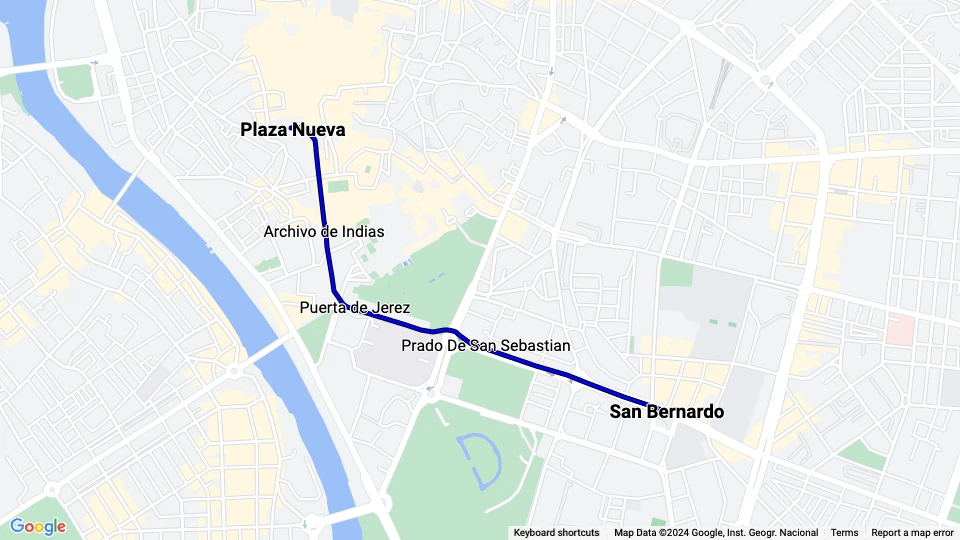 Sevilla sporvognslinje T1: Plaza Nueva - San Bernardo linjekort