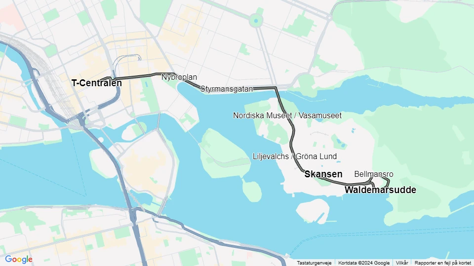 Stockholm sporvognslinje 7S Spårväg City: T-Centralen - Waldemarsudde linjekort