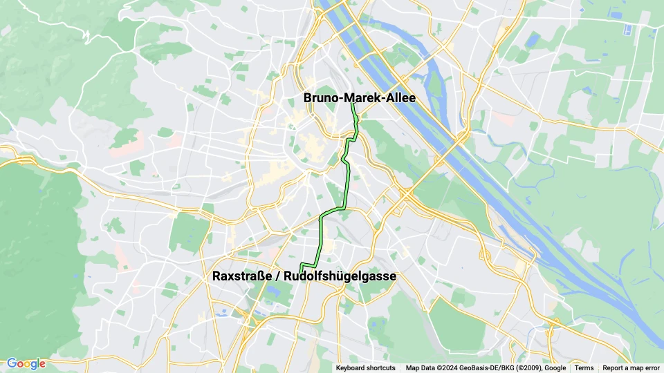 Wien sporvognslinje O: Raxstraße / Rudolfshügelgasse - Bruno-Marek-Allee linjekort