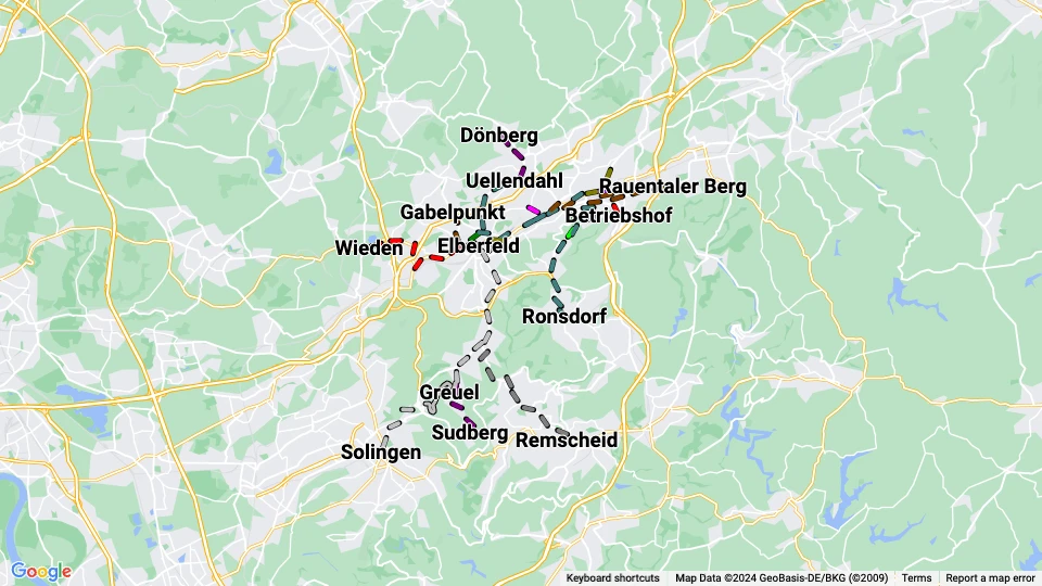 Wuppertaler Stadtwerke (WSW) linjekort