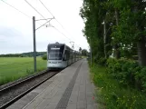 Aarhus letbanelinje L2 med lavgulvsledvogn 1111-1211 ved Nørrevænget  set mod Odder (2021)