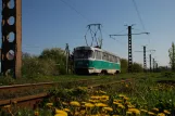 Donetsk sporvognslinje 1 med motorvogn 962 på Putylivs'ka Street, set fra siden (2011)