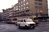 Dortmund sporvognslinje U43 med ledvogn 27 i krydset Brüderweg/Schwanenwall (1988)