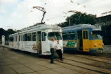 Gotha regionallinje 4 Thüringerwaldbahn med ledvogn 395 ved Hauptbahnhof (1998)