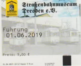 Indgangsbillet til Straßenbahnmuseum Dresden, forsiden (2019)