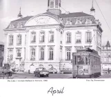 Kalender: Verviers sporvognslinje 1 med motorvogn 38 foran Rathaus (1968)