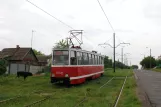 Kramatorsk sporvognslinje 5 med motorvogn 0045 på Stratosferna Street, set forfra (2012)