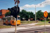 Norrköping sporvognslinje 2 med motorvogn 49 i krydset E4 (Riksvägen) (1995)