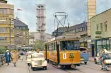 Postkort: Aarhus sporvognslinje 1 med motorvogn 20 på Bruunsbro (1959-1961)