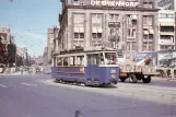 Postkort: Amsterdam sporvognslinje 9 med motorvogn 312 på Dam (1955)