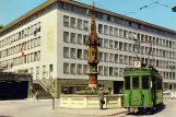 Postkort: Basel sporvognslinje 7 med motorvogn 199 på Fischmarkt (1963)
