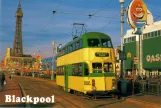 Postkort: Blackpool sporvognslinje T med dobbeltdækker-motorvogn 723 på Promenade (1984)