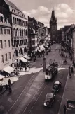 Postkort: Freiburg im Breisgau sporvognslinje 1 med motorvogn 44 på Adolf Hitlerstraße (Kaiser-Joseph-Straße) (1933-1944)