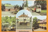 Postkort: Gotha regionallinje 4 Thüringerwaldbahn med ledvogn 201 ved Waltershausen Bahnhof (1986)