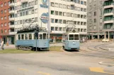 Postkort: Helsingborg sporvognslinje 5 med motorvogn 34 ved S:T Jörgens Plads (1966)