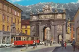 Postkort: Innsbruck sporvognslinje 3 med motorvogn 26 nær Triunphpforte (1958)