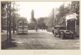 Postkort: Klaipėda sporvognslinje 2 med motorvogn 8 ved Strandvilla (Leuchtturm)  Švyturys (1923)