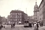 Postkort: München sporvognslinje 12 med motorvogn 305 i krydset Milchstraße / Steinstraße / Sedanstraße (1910)