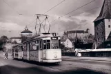 Postkort: Nürnberg sporvognslinje 4 med motorvogn 203 på Hallertorbrücke (1960)