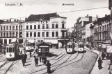 Postkort: Schwerin sporvognslinje 2 med motorvogn 18 ved Marienplatz (1908)