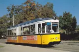 Postkort: Ulm sporvognslinje 1 med ledvogn 13 ved Donauhalle  (Donaustadion) (1988)