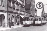 Postkort: Ulm sporvognslinje 4 med motorvogn 11 på Frauenstraße (1950)