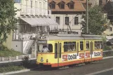 Postkort: Würzburg sporvognslinje 4 med ledvogn 81 nær Neue Kongreßzentrum (1986)