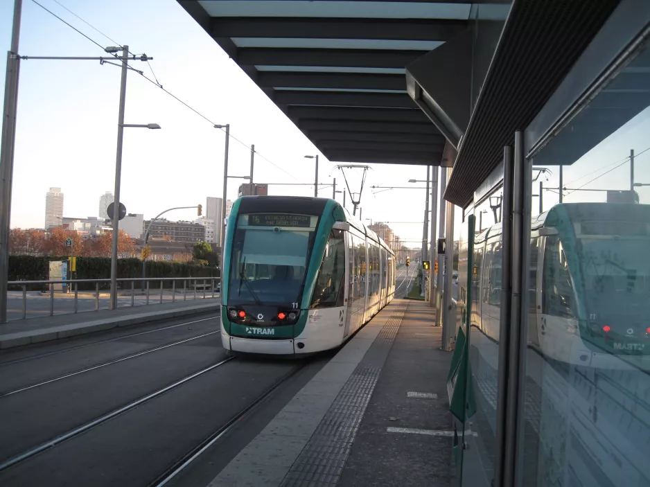Barcelona sporvognslinje T6 med lavgulvsledvogn 11 ved La Farinera (2015)