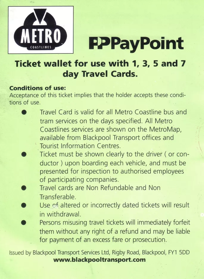 Dagkort til Blackpool Transport, bagsiden (2006)